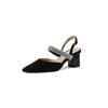 Hermosa sandalia de strass brillante ~ elegante punta completa de cuero 2022 verano tacón alto grueso piel de vaca punta cerrada sandalias para mujer