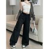 Pantalones negros holgados de pierna ancha y diseño de bolsillo para mujer, vaqueros de cintura alta y aspecto ajustado, 2025