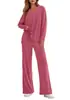 Conjunto de dos piezas para mujer transfronterizo europeo y americano, top de punto de manga larga con cuello en V y rayas verticales, suelto, y pantalones anchos de caída