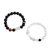 Pulseira de Casal com Contas de Pixiu de Cobre da Sorte e Obsidiana Negra, Pulseira Artística Estilo Chinês Retrô com Pedra Olho de Gato