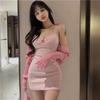 Vestido regata balada bar japonês francês laço rosa linha A cintura apertada justo slim disco saia decotada