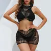 Ropa de dormir divertida de estilo europeo y americano transfronteriza con patrón de mariposa calada, ropa sexy de malla, conjunto de dos piezas transparente para mujer