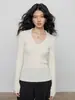 Suéter Tejido 100% Lana Merino Estilo Luo Si para Mujer, Corte Delgado, Cuello en U, Cuello Solapa, Camisa Base Elegante 9548 Si Yuan