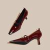 Zapatos elegantes de tacón alto para mujer, primavera y otoño 2025, nuevos zapatos de tacón de aguja puntiagudos metálicos con charol y boca baja.