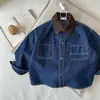 Camisa de Mezclilla para Niños Primavera y Otoño 2025 Niños y Niñas Estilo Japonés Marca de Moda Cuello Camisero Bloque de Color Top Chaqueta para Niños Pequeños