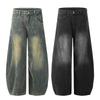 Calça Scimitar Jeans Lavagem Antiga Estilo Americano Retrô Costura de Indústria Pesada Masculina Dividida Desconstrução Solta Perna Larga Tendência