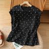 Foto Real de Camisas Nuevas de Verano Retro de Algodón y Lino con Lunares, Camisas Femeninas con Cuello de Hongo, Tops de Manga Corta de Verano
