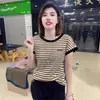 Camiseta Informal Versátil de Manga Corta Rayada con Cuello Redondo para Mujer Tallas Grandes Estilo Occidental Jersey Color de Contraste Top para Mujer Tallas Grandes
