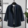 Camisa Delgada de Verano para Hombre con Textura Seersucker Camisa Casual Estilo Nuevo Chino Cuello Henry Manga Tres Cuartos Top Trendy