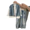 Traje de Mezclilla para Niñas Primavera y Otoño 2025 Nuevo Moda Pantalones Scimitar con Encaje y Chaleco Conjunto de Tres Piezas para Niños Medianos y Grandes