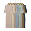 3486-26 Otoño Estilo Coreano Ajuste Delgado Cuello Plegado Color Macarrón Superficie Lisa Manga Media Abertura Vestido Largo