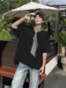 Camiseta Masculina de Manga Curta Estilo Coreano Verão Patchwork Xadrez Falso com Detalhes de Fita, Solta e Casual