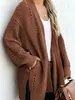 Cárdigan de punto hueco europeo y americano transfronterizo para mujer, longitud media, holgado, estilo casual, abrigo de otoño e invierno, color liso, casual
