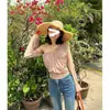 Camiseta de Manga Larga Sexy Estilo Retro Americano Hombros Descubiertos para Mujer Otoño Nuevo Look Adelgazante Hombros Descubiertos Tops