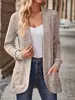 Cardigã de tricô canelado europeu e americano transfronteiriço para mulheres, outono e inverno, jaqueta solta de comprimento médio com bolsos, cardigã versátil de estilo casual