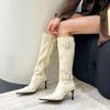 Botas de Cowboy Ocidentais para Mulheres 2024 Outono Novo Estilo Europeu e Americano Sexy Bico Fino Salto Alto Willow Botas Longas da Moda para Mulheres