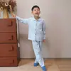 Pijama cardigã infantil de manga comprida para outono e inverno, meninos e meninas, tamanhos pequeno, médio e grande, conjunto de roupa de casa para bebê, conjunto de duas peças escovado dos dois lados