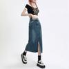 Saia Jeans Feminina para Figura Pera 2025, Saia Média Versátil Retrô Personalizada Cobre Quadril com Fenda Frontal Tendência