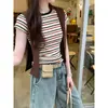 Camiseta de Algodón a Rayas Color Block Estilo Retro Americano para Mujer, Top de Algodón Puro para Verano con Hombro Normal, Corte Ajustado, Manga Corta Versátil y a la Moda