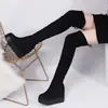 Botas de couro femininas novas de inverno cadarço atrás salto médio de borracha bico redondo curto sola grossa altura oculta botas acima do joelho