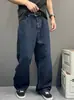 Pantalones Vibe para Hombre Azul Oscuro Estilo Americano Otoño Botones Tiro Medio Corte Limpio Pierna Recta Holgada Largo Hasta el Suelo Estilo Moderno
