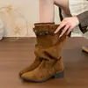 Botas femininas de salto grosso com bico fino, plissadas e empilhadas, 2026 novas botas longas western cowboy de cano médio para o outono e inverno