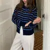 Cardigan de Tricô Color Block Listrado Vintage para Primavera e Outono de 2026, Suéter Curto Casual Feminino Slim-Fit Novo Loose-Fit