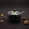 Taza de Azúcar Grande de Acero Inoxidable con Forma de Cuenco, Frasco de Condimentos de Acero Inoxidable con Forma de Tambor, Tapa de Vidrio, Caja de Condimentos Visible con Cuchara Pequeña