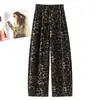 Pantalones de Satén de Seda Helada para Verano 2026 Estampado de Leopardo Retro de Cintura Alta Pierna Ancha para Mujer Caída Adelgazantes Casuales Pantalones Largos Versátiles Finos
