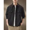 Camisa de manga larga a rayas tejidas en color para hombre, silueta estilo cityboy japonés, marca de moda, corte holgado, workwear vintage, tacto de alta gama