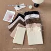 Top de punto con encaje de malla de estilo suave para mujer, efecto adelgazante elástico, cuello alto, mangas largas acanaladas y pantalones largos, disponible en varios colores