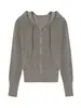 3754 # Cardigan de tricô com capuz e zíper na cor marrom para mulheres, soltinho e modelador, peça de outer wear casual para primavera e outono