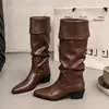Botas Longas até o Joelho com Salto Bloco e Bico Fino Retro Melanoid Botas para Calça Outono Inverno 2026 Botas de Cavaleiro Emagrecedoras para Mulheres