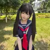 Peluca para Mujer con Cabello Largo, Cobertura Completa de la Cabeza, Cosplay de Chica Lolita Linda Negra con Flequillo al Aire, se Puede Atar Toda la Cabeza en Cabello Largo y Liso