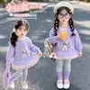 Nuevo Conjunto Dulce de Dos Piezas para Niñas Otoño 2026: Sudadera con Estampado de Pony y Encaje y Leggings Elásticos de Corte Ajustado