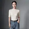 Camiseta de malha base gola alta 100% imitação de lã pura para mulheres, manga média, padrão espinha de peixe, suéter slim fit, top para camada interna