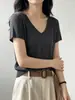 Camiseta de punto gris estilo coreano, nuevo modelo verano 2026, casual, versátil, corte holgado, adelgazante, cuello en V, manga corta
