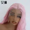 Peluca de encaje frontal tejida a mano en rosa claro para mujer, cabello largo y rizado, fibra sintética mate de alta temperatura, peluca de cosplay, venta al por mayor desde el fabricante