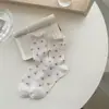 Nuevos Calcetines Finos de Algodón Peinado para Mujer de Media Pantorrilla Malla Japonesa Volante Lazo Calcetines Largos Holgados