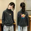 Camiseta Térmica de Manga Larga Base Casual para Niña Otoño/Invierno Nuevo Estilo Cuello Semi Alto Parte Superior Cepillada Ropa Interior Rayada para Bebé