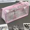 Estuche transparente de doble capa estilo ins rosa claro con alas, alto atractivo estético, caja de papelería de gran capacidad para almacenamiento en escritorio para estudiantes