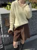 Ropa Zhengqite/Suéter de Punto de Color Sólido con Forro de Felpa, con Capucha, Hombros Caídos, Corte Holgado, Suéter Simple de Cachemira