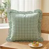 Capa de almofada de tricô de algodão puro, cor sólida xadrez, com renda coreana franzida em estilo francês para cama, sofá e bay window