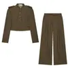 Traje de estilo europeo con cuello mao corto y hombreras, top retro de manga larga para el trabajo, pantalones largos de cintura alta y pierna ancha, conjunto de dos piezas de comercio exterior