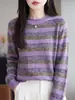 Suéter de Tricô com Fio Mesclado Outono Inverno Gola Redonda Mochi Veludo Feminino Cor Mista Textura Macio Pegajoso Suéter Solto Emagrecedor Manga Longa Pulôver
