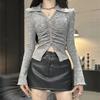 Suéter de outono e inverno puro para garota quente, cintura plissada modeladora, manga longa, design de lapela, top de nicho modelador