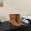 Botas Slimming Elegantes de Couro com Fivela, Salto Bloco Fino, Bico Fino, Comprimento Meia-Panturrilha, Botas de Couro Western Cowboy Franzidas Vintage