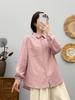 9896 Camisa Vintage Simple a Rayas de Manga Larga para Mujer Holgada Adelgazante Combinable Algodón Hilo de Algodón de Doble Capa Top para Mujer