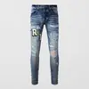 Marca Americana Moderna Jeans Masculino Azul Retrô Skinny Rasgado Estampa de Letras Hip Hop Jeans Masculino Atacado
