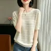 Verano Nuevo Mujer Seda de Hielo Cuello Redondo Encaje Hueco Manga Corta Camiseta Casual Versátil Moda Temperamento Superior Tejido de Punto